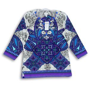 NWT CHICO'S GRAND STATEMENT EMBELLISHED‎ 3/4 SLEEVE TUNIC TOP MULTI COLOR 0